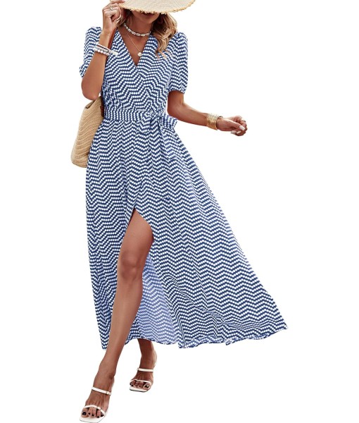 PRETTYGARDEN Women's Summer Maxi Dress Casual Wrap Floral Boho Short Sleeve V Neck Split Ruffle Beach Long Dresses