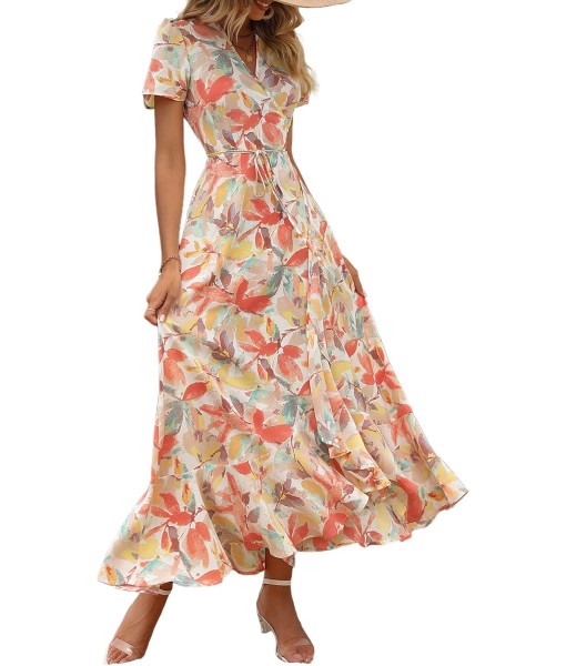 PRETTYGARDEN Women's Summer Maxi Dress Casual Wrap Floral Boho Short Sleeve V Neck Split Ruffle Beach Long Dresses