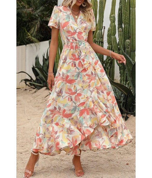 PRETTYGARDEN Women's Summer Maxi Dress Casual Wrap Floral Boho Short Sleeve V Neck Split Ruffle Beach Long Dresses