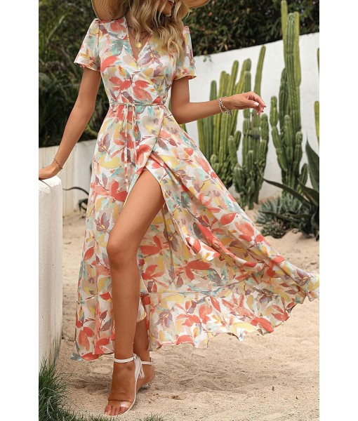 PRETTYGARDEN Women's Summer Maxi Dress Casual Wrap Floral Boho Short Sleeve V Neck Split Ruffle Beach Long Dresses