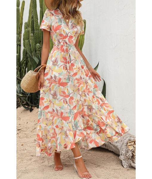 PRETTYGARDEN Women's Summer Maxi Dress Casual Wrap Floral Boho Short Sleeve V Neck Split Ruffle Beach Long Dresses