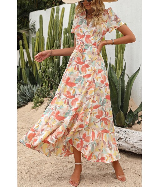 PRETTYGARDEN Women's Summer Maxi Dress Casual Wrap Floral Boho Short Sleeve V Neck Split Ruffle Beach Long Dresses