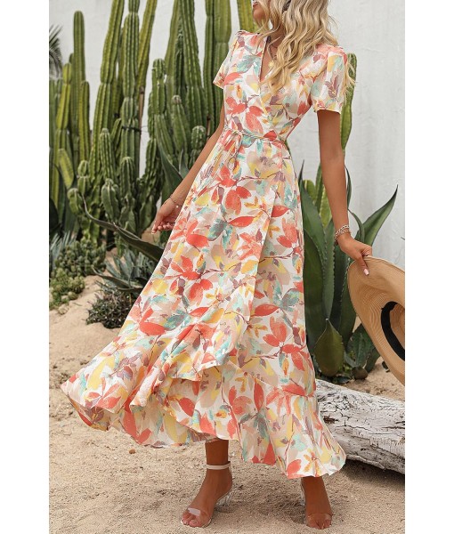 PRETTYGARDEN Women's Summer Maxi Dress Casual Wrap Floral Boho Short Sleeve V Neck Split Ruffle Beach Long Dresses