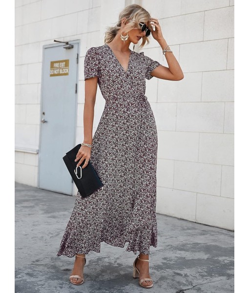 PRETTYGARDEN Women's Summer Maxi Dress Casual Wrap Floral Boho Short Sleeve V Neck Split Ruffle Beach Long Dresses
