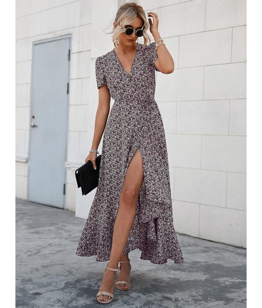 PRETTYGARDEN Women's Summer Maxi Dress Casual Wrap Floral Boho Short Sleeve V Neck Split Ruffle Beach Long Dresses