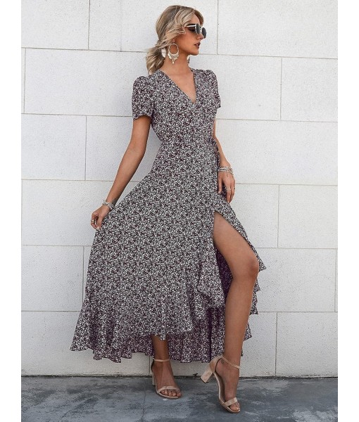 PRETTYGARDEN Women's Summer Maxi Dress Casual Wrap Floral Boho Short Sleeve V Neck Split Ruffle Beach Long Dresses