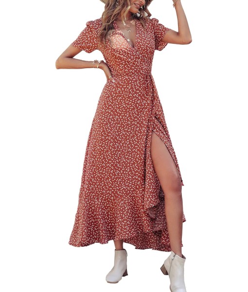 PRETTYGARDEN Women's Summer Maxi Dress Casual Wrap Floral Boho Short Sleeve V Neck Split Ruffle Beach Long Dresses