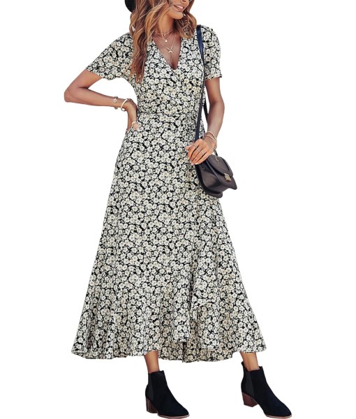 PRETTYGARDEN Women's Summer Maxi Dress Casual Wrap Floral Boho Short Sleeve V Neck Split Ruffle Beach Long Dresses