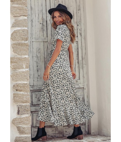 PRETTYGARDEN Women's Summer Maxi Dress Casual Wrap Floral Boho Short Sleeve V Neck Split Ruffle Beach Long Dresses