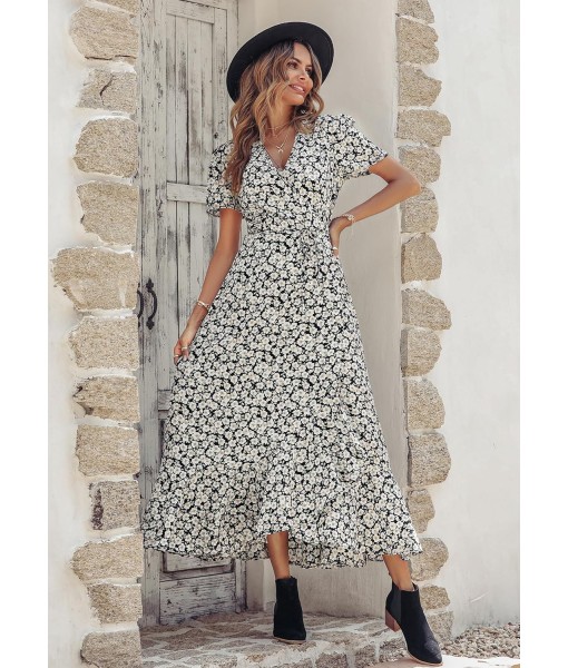 PRETTYGARDEN Women's Summer Maxi Dress Casual Wrap Floral Boho Short Sleeve V Neck Split Ruffle Beach Long Dresses