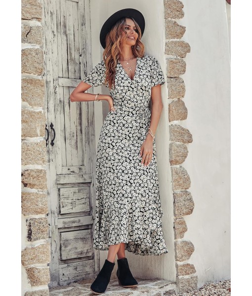 PRETTYGARDEN Women's Summer Maxi Dress Casual Wrap Floral Boho Short Sleeve V Neck Split Ruffle Beach Long Dresses