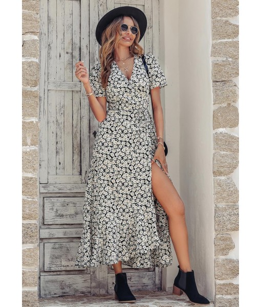 PRETTYGARDEN Women's Summer Maxi Dress Casual Wrap Floral Boho Short Sleeve V Neck Split Ruffle Beach Long Dresses