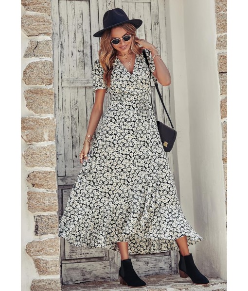 PRETTYGARDEN Women's Summer Maxi Dress Casual Wrap Floral Boho Short Sleeve V Neck Split Ruffle Beach Long Dresses