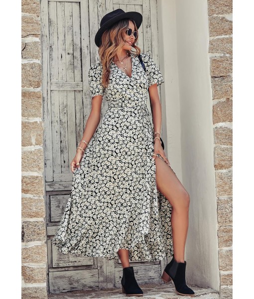 PRETTYGARDEN Women's Summer Maxi Dress Casual Wrap Floral Boho Short Sleeve V Neck Split Ruffle Beach Long Dresses