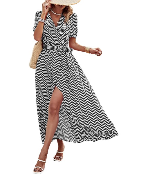 PRETTYGARDEN Women's Summer Maxi Dress Casual Wrap Floral Boho Short Sleeve V Neck Split Ruffle Beach Long Dresses