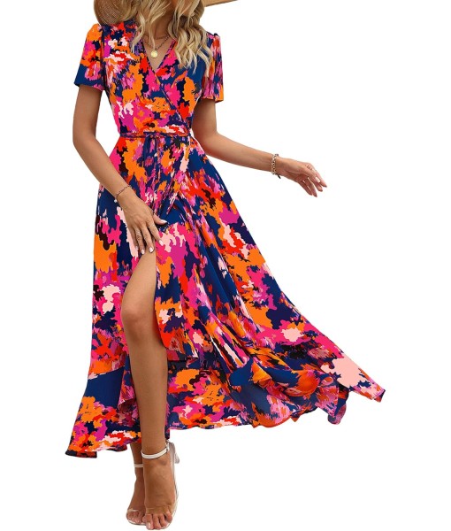 PRETTYGARDEN Women's Summer Maxi Dress Casual Wrap Floral Boho Short Sleeve V Neck Split Ruffle Beach Long Dresses