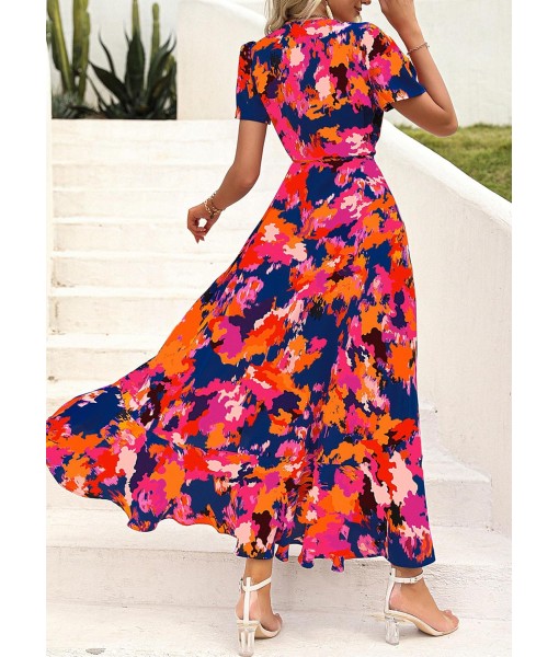 PRETTYGARDEN Women's Summer Maxi Dress Casual Wrap Floral Boho Short Sleeve V Neck Split Ruffle Beach Long Dresses