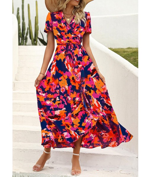 PRETTYGARDEN Women's Summer Maxi Dress Casual Wrap Floral Boho Short Sleeve V Neck Split Ruffle Beach Long Dresses