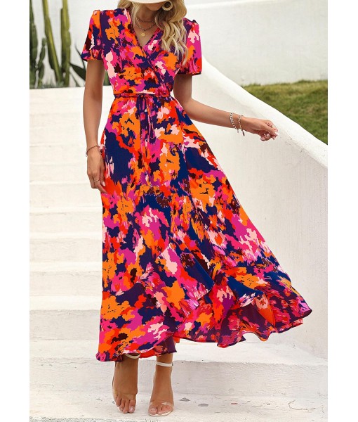 PRETTYGARDEN Women's Summer Maxi Dress Casual Wrap Floral Boho Short Sleeve V Neck Split Ruffle Beach Long Dresses