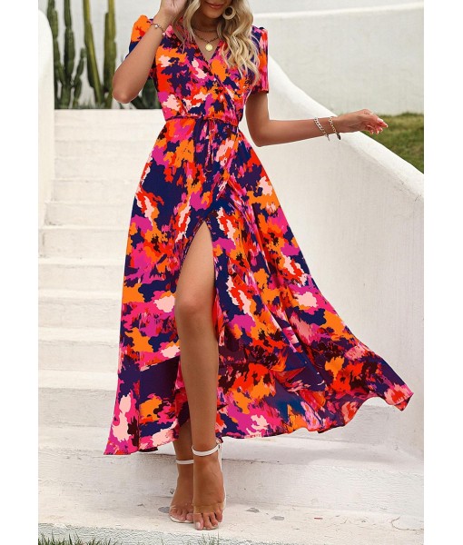 PRETTYGARDEN Women's Summer Maxi Dress Casual Wrap Floral Boho Short Sleeve V Neck Split Ruffle Beach Long Dresses