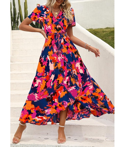PRETTYGARDEN Women's Summer Maxi Dress Casual Wrap Floral Boho Short Sleeve V Neck Split Ruffle Beach Long Dresses
