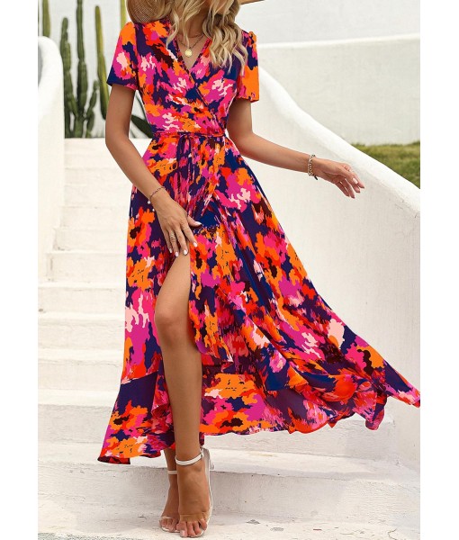 PRETTYGARDEN Women's Summer Maxi Dress Casual Wrap Floral Boho Short Sleeve V Neck Split Ruffle Beach Long Dresses