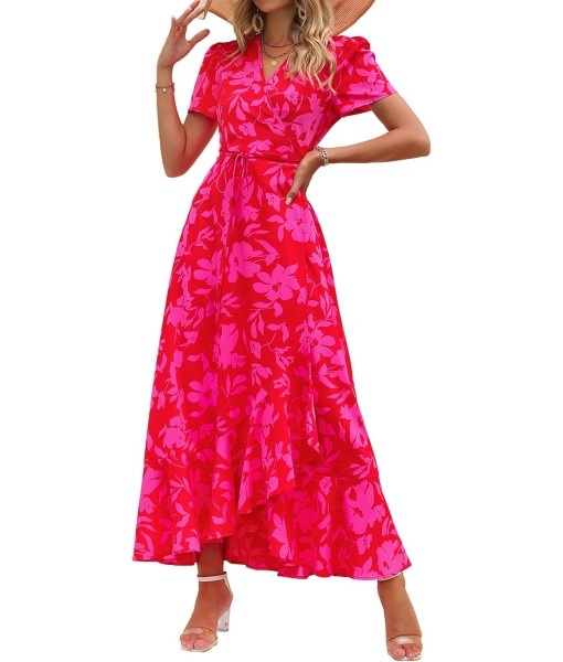 PRETTYGARDEN Women's Summer Maxi Dress Casual Wrap Floral Boho Short Sleeve V Neck Split Ruffle Beach Long Dresses