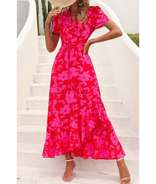 PRETTYGARDEN Women's Summer Maxi Dress Casual Wrap Floral Boho Short Sleeve V Neck Split Ruffle Beach Long Dresses