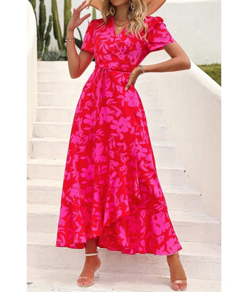 PRETTYGARDEN Women's Summer Maxi Dress Casual Wrap Floral Boho Short Sleeve V Neck Split Ruffle Beach Long Dresses