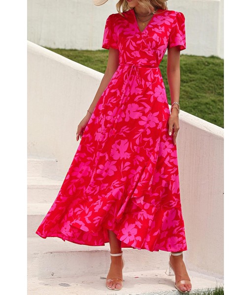 PRETTYGARDEN Women's Summer Maxi Dress Casual Wrap Floral Boho Short Sleeve V Neck Split Ruffle Beach Long Dresses