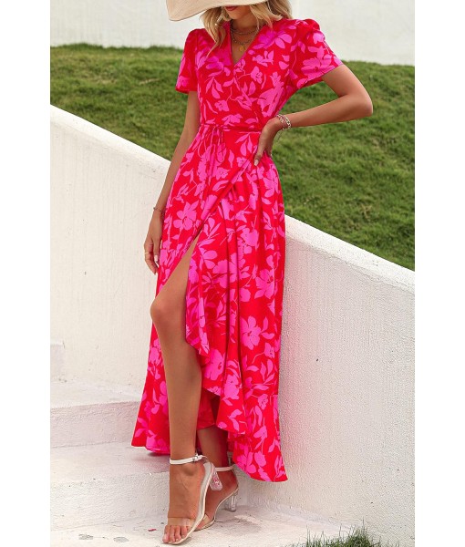 PRETTYGARDEN Women's Summer Maxi Dress Casual Wrap Floral Boho Short Sleeve V Neck Split Ruffle Beach Long Dresses
