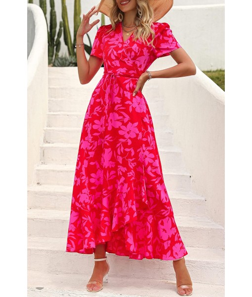 PRETTYGARDEN Women's Summer Maxi Dress Casual Wrap Floral Boho Short Sleeve V Neck Split Ruffle Beach Long Dresses