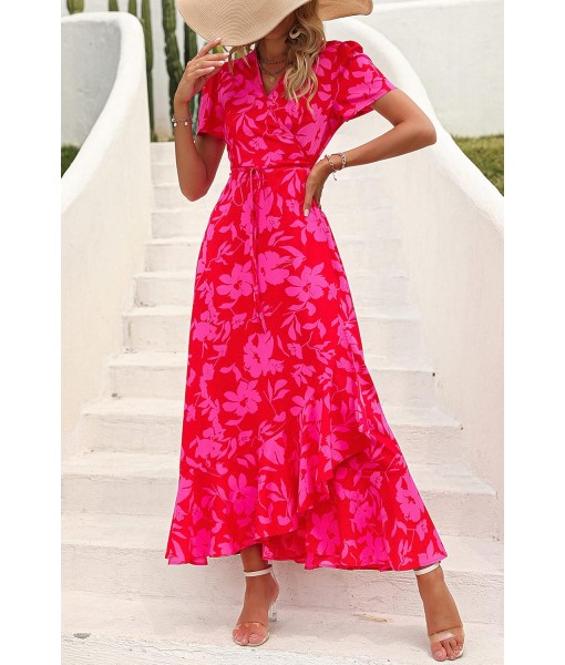 PRETTYGARDEN Women's Summer Maxi Dress Casual Wrap Floral Boho Short Sleeve V Neck Split Ruffle Beach Long Dresses