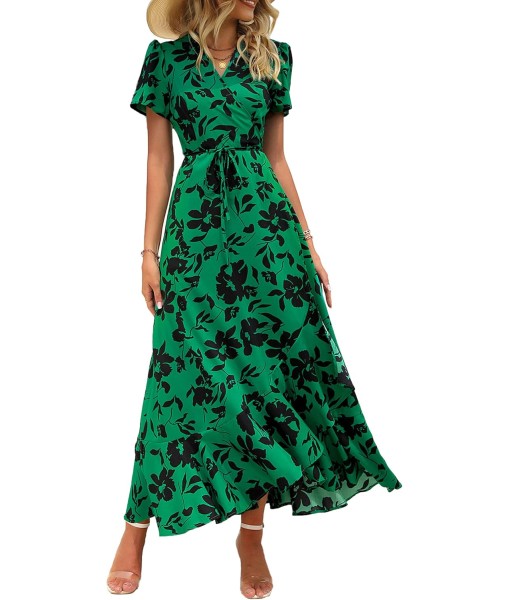 PRETTYGARDEN Women's Summer Maxi Dress Casual Wrap Floral Boho Short Sleeve V Neck Split Ruffle Beach Long Dresses