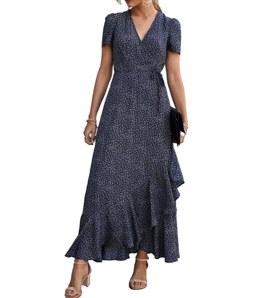 PRETTYGARDEN Women's Summer Maxi Dress Casual Wrap Floral Boho Short Sleeve V Neck Split Ruffle Beach Long Dresses