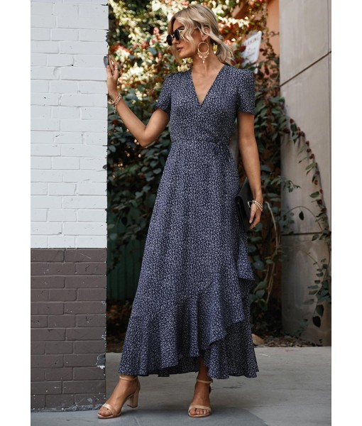 PRETTYGARDEN Women's Summer Maxi Dress Casual Wrap Floral Boho Short Sleeve V Neck Split Ruffle Beach Long Dresses