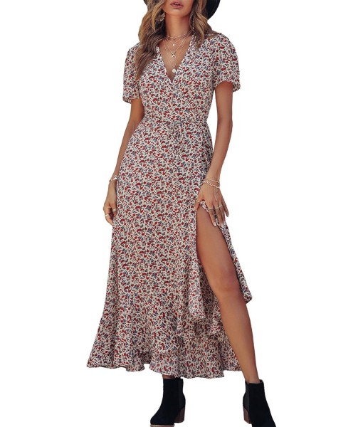 PRETTYGARDEN Women's Summer Maxi Dress Casual Wrap Floral Boho Short Sleeve V Neck Split Ruffle Beach Long Dresses