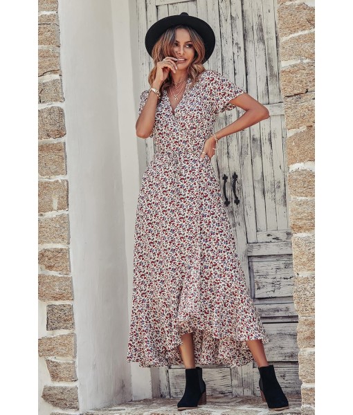PRETTYGARDEN Women's Summer Maxi Dress Casual Wrap Floral Boho Short Sleeve V Neck Split Ruffle Beach Long Dresses