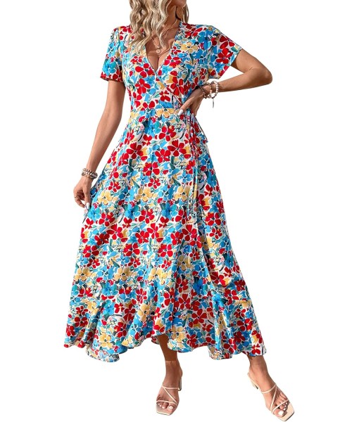 PRETTYGARDEN Women's Summer Maxi Dress Casual Wrap Floral Boho Short Sleeve V Neck Split Ruffle Beach Long Dresses
