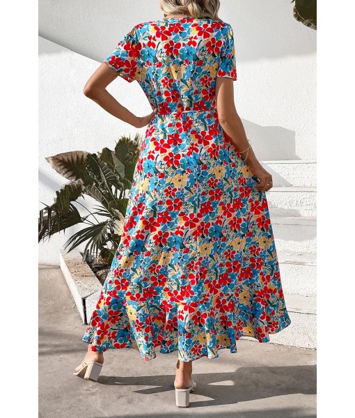 PRETTYGARDEN Women's Summer Maxi Dress Casual Wrap Floral Boho Short Sleeve V Neck Split Ruffle Beach Long Dresses