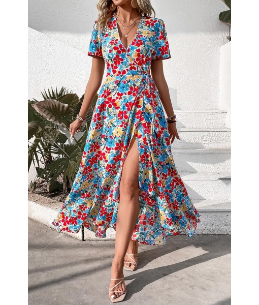 PRETTYGARDEN Women's Summer Maxi Dress Casual Wrap Floral Boho Short Sleeve V Neck Split Ruffle Beach Long Dresses