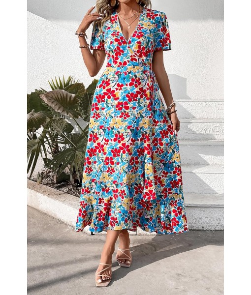 PRETTYGARDEN Women's Summer Maxi Dress Casual Wrap Floral Boho Short Sleeve V Neck Split Ruffle Beach Long Dresses