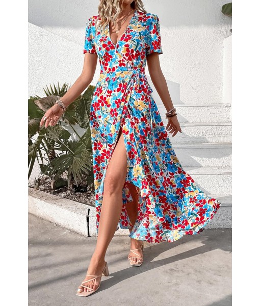 PRETTYGARDEN Women's Summer Maxi Dress Casual Wrap Floral Boho Short Sleeve V Neck Split Ruffle Beach Long Dresses