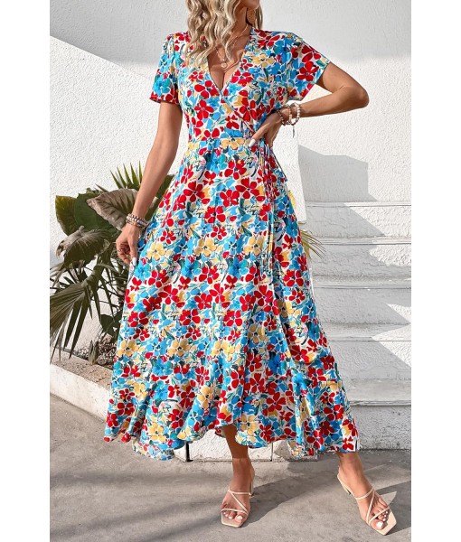 PRETTYGARDEN Women's Summer Maxi Dress Casual Wrap Floral Boho Short Sleeve V Neck Split Ruffle Beach Long Dresses