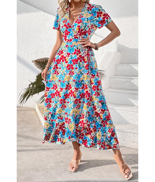 PRETTYGARDEN Women's Summer Maxi Dress Casual Wrap Floral Boho Short Sleeve V Neck Split Ruffle Beach Long Dresses