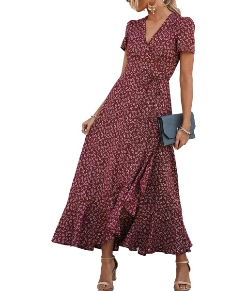 PRETTYGARDEN Women's Summer Maxi Dress Casual Wrap Floral Boho Short Sleeve V Neck Split Ruffle Beach Long Dresses