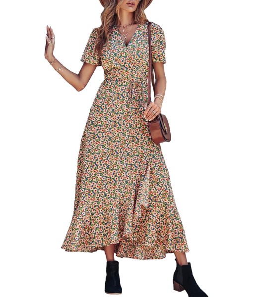 PRETTYGARDEN Women's Summer Maxi Dress Casual Wrap Floral Boho Short Sleeve V Neck Split Ruffle Beach Long Dresses