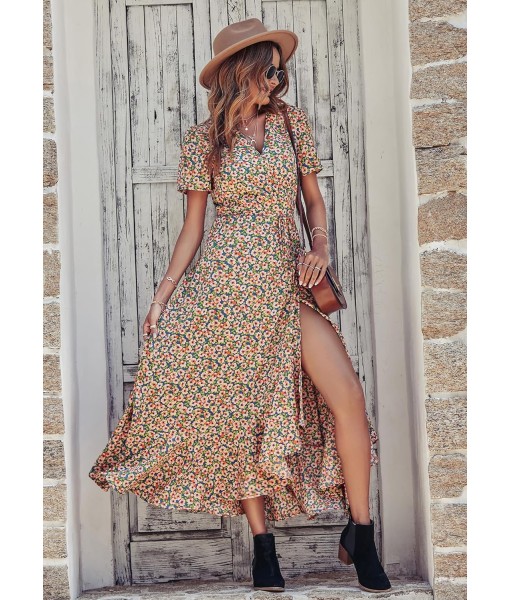 PRETTYGARDEN Women's Summer Maxi Dress Casual Wrap Floral Boho Short Sleeve V Neck Split Ruffle Beach Long Dresses
