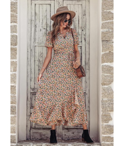 PRETTYGARDEN Women's Summer Maxi Dress Casual Wrap Floral Boho Short Sleeve V Neck Split Ruffle Beach Long Dresses