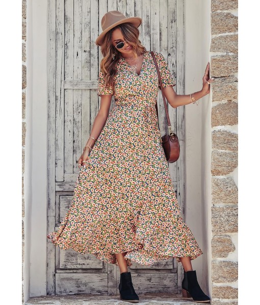 PRETTYGARDEN Women's Summer Maxi Dress Casual Wrap Floral Boho Short Sleeve V Neck Split Ruffle Beach Long Dresses